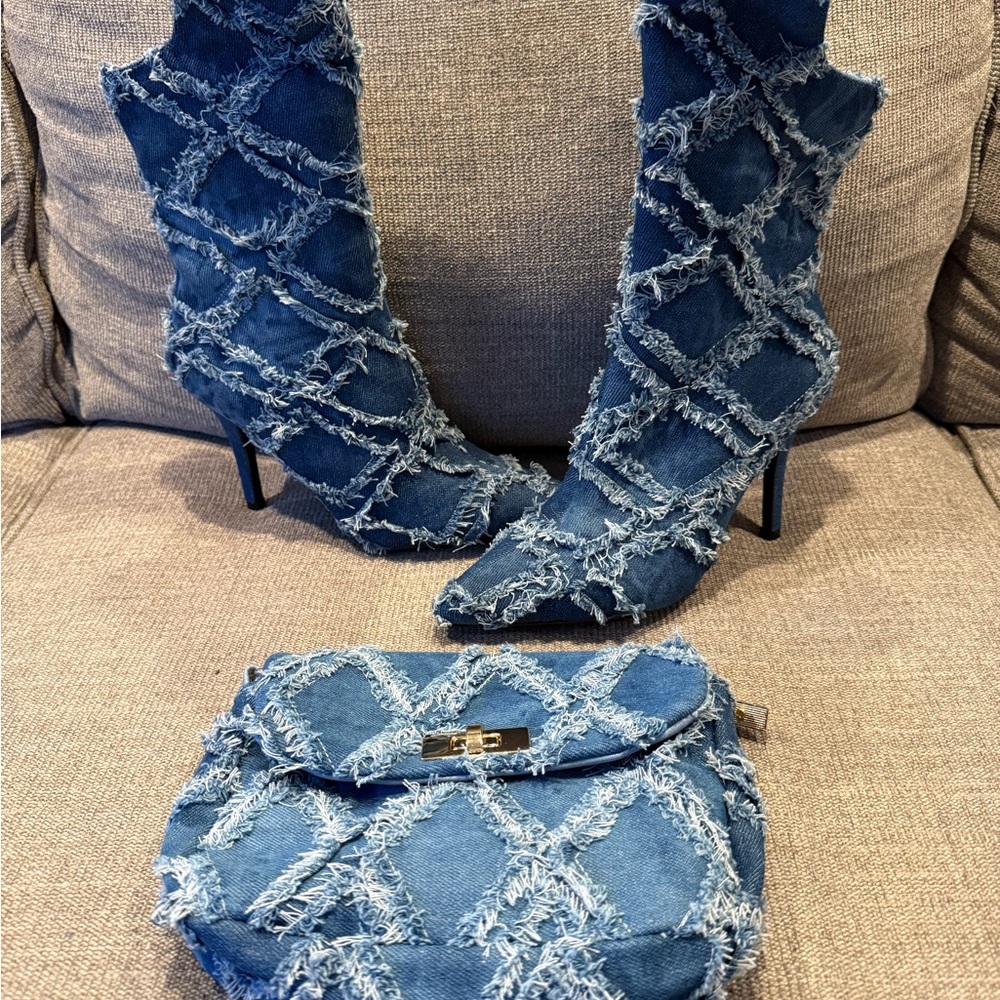 Blue Frayed Denim Boots and Bag Set
